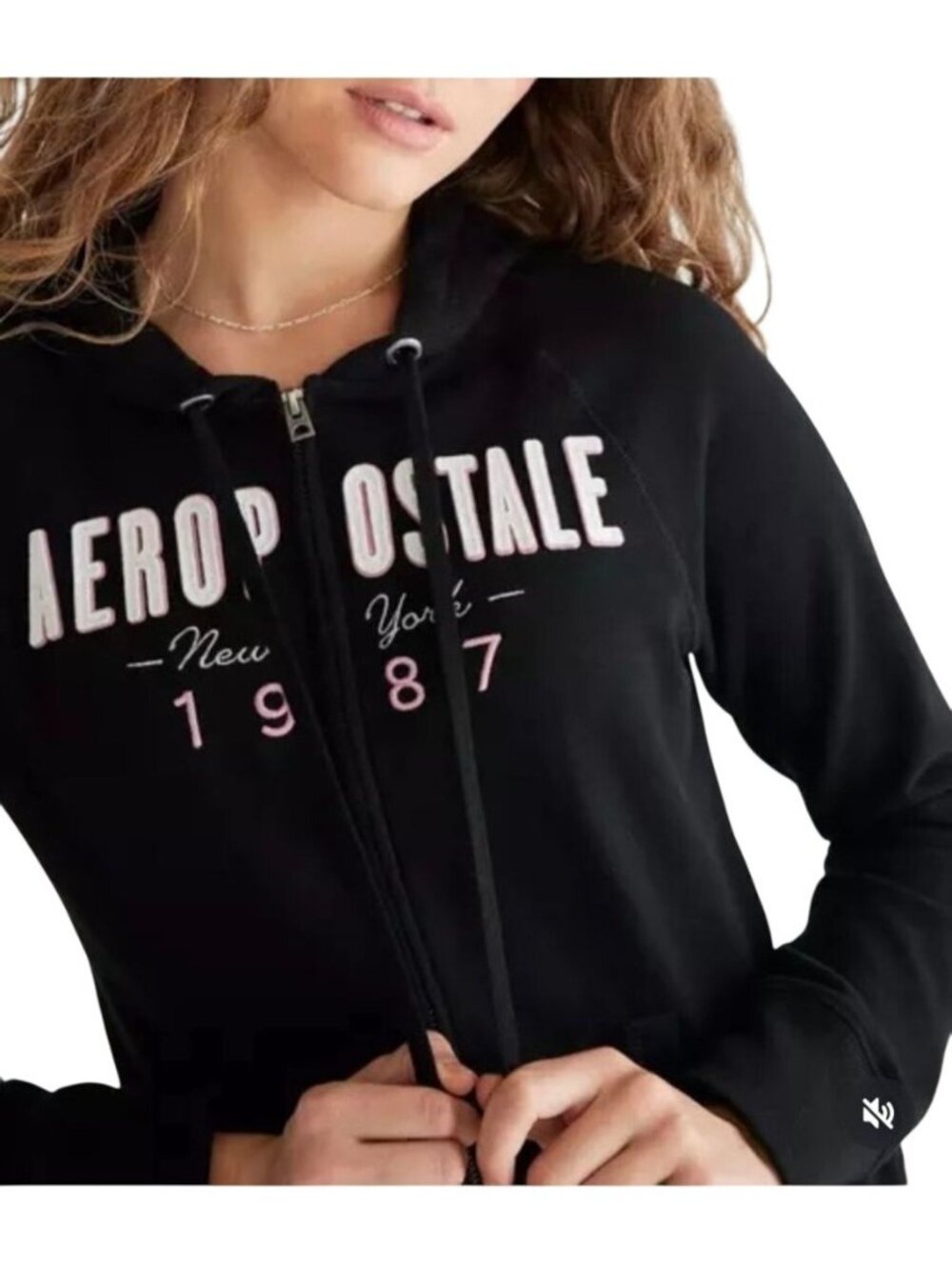 Aeropostale Womens L Zip-Up Hoodie Y2K Sweatshirt Black New York 1987 Vtg Preppy